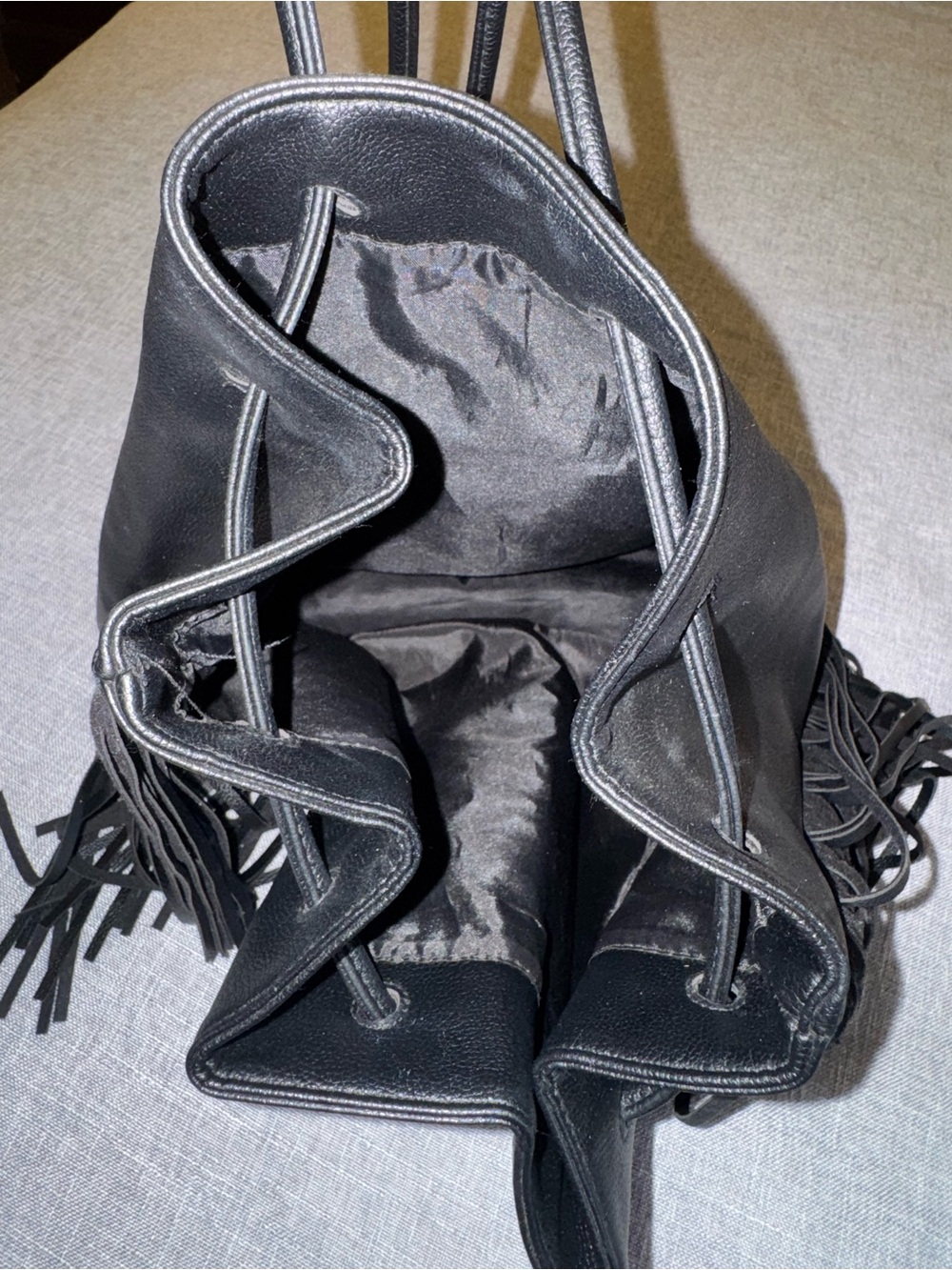 Victoria's Secret Black Faux Leather Fringe Drawstring Boho Bag - Picture 12 of 16